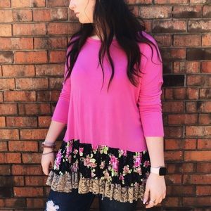 pink shirt with lace trim